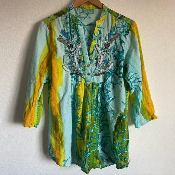Antica Santoria Giacomo Cinque Tops - Antica Santoria Giacomo Cinque Top Beaded Coral Reef Cotton Tunic Popover Sz XL